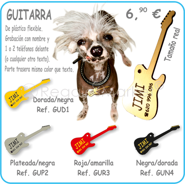 Placa de identificación para mascotas en forma de guitarra